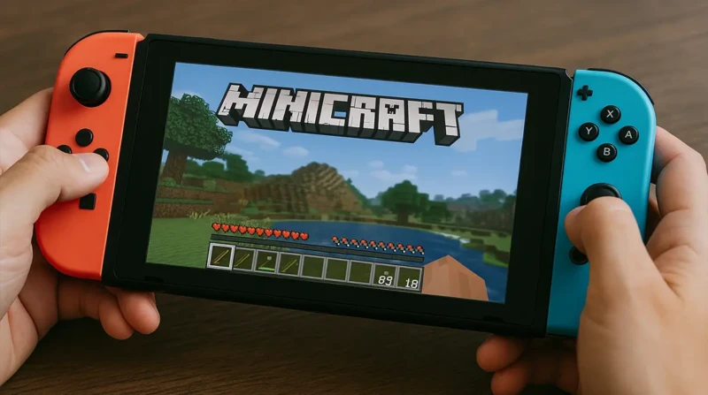 Player holding a Nintendo Switch playing Minicraft with pixelated landscape on screen