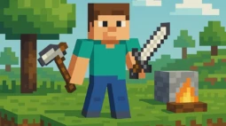 Pixel-art character holding a sword and axe in a blocky landscape with trees and fire.
