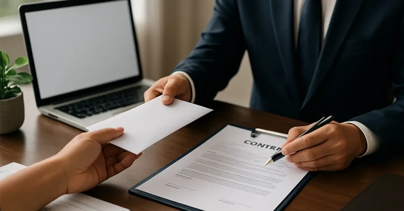 A professional businessperson handing over an envelope across a desk during a contract signing.