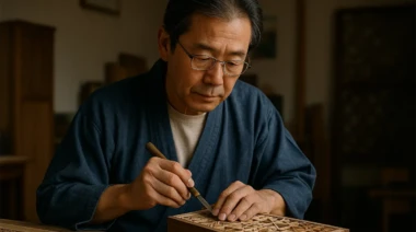 A skilled artisan carving intricate wooden patterns in a sunlit workshop.