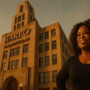 Oprah standing proudly in front of Harpo Productions building.