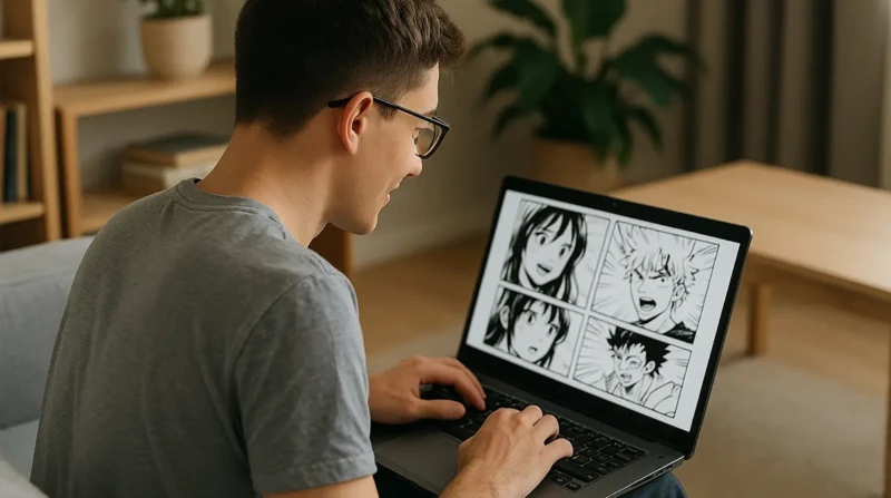 Young man reading manga panels on a laptop in a cozy room.