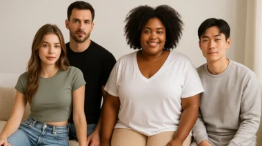 Four diverse models in casual Shein clothing sitting together in a cozy home setting.