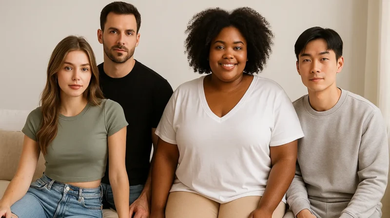Four diverse models in casual Shein clothing sitting together in a cozy home setting.