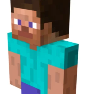 Minecraft character Steve with blue shirt and pixelated design.