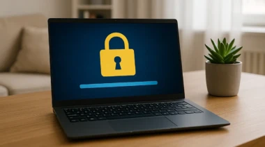 A Tek 102 laptop displaying a padlock icon symbolizing security and updates.