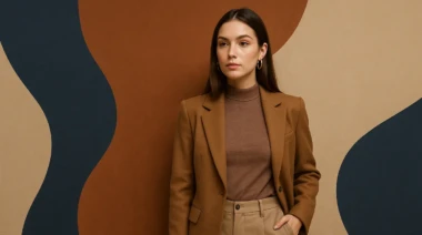 A stylish woman in a camel blazer and beige trousers against an abstract background.