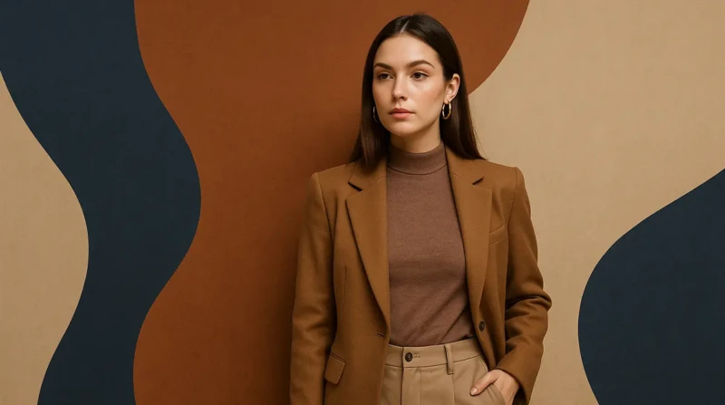 A stylish woman in a camel blazer and beige trousers against an abstract background.