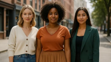 Three diverse women posing in stylish outfits on a city street.
