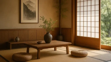 A serene Japanese-inspired living space with natural wood, shoji screens, and minimal design.