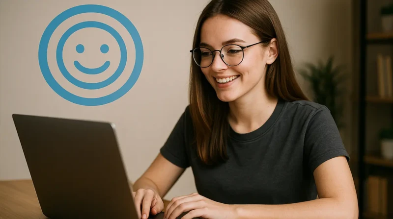 A young woman happily using a laptop in a cozy, modern setting.
