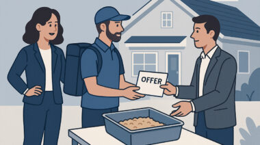 A real estate agent and courier delivering an offer document to a seller outside a house.