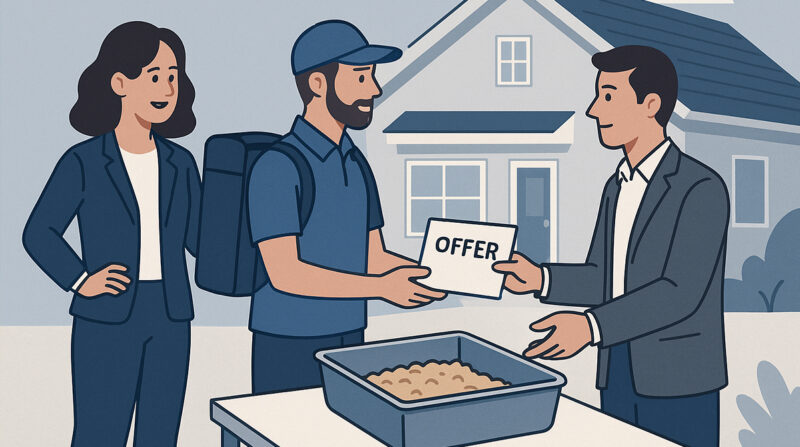 A real estate agent and courier delivering an offer document to a seller outside a house.
